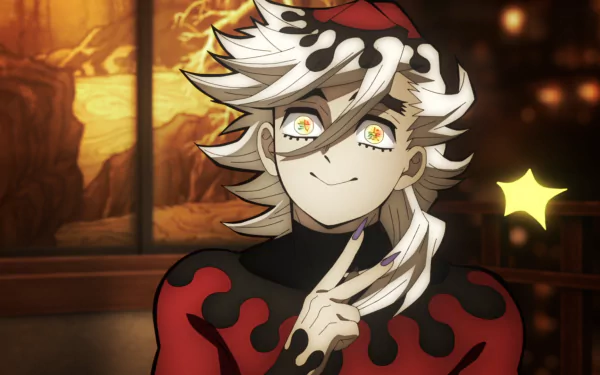 HD PC desktop wallpaper featuring Doma from the anime Demon Slayer: Kimetsu no Yaiba with a warm, dimly lit background.