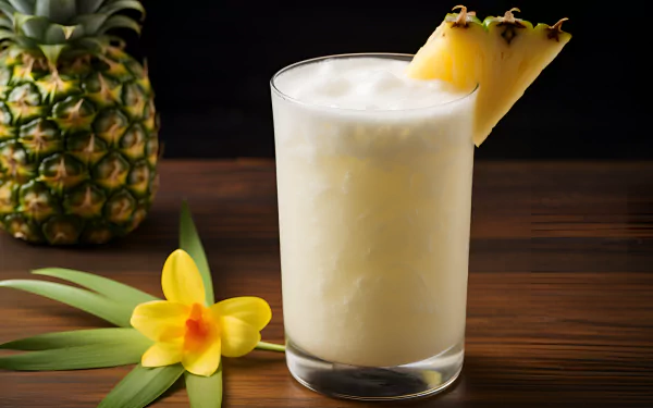 HD desktop wallpaper featuring a refreshing Piña Colada in a glass with a pineapple slice, accompanied by a whole pineapple and a yellow flower, set against a dark wooden background.