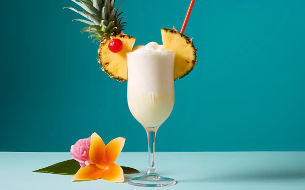 HD desktop wallpaper featuring a refreshing Pina Colada in a tall glass, garnished with pineapple slices and a cherry, accompanied by tropical flowers on a vibrant teal background.
