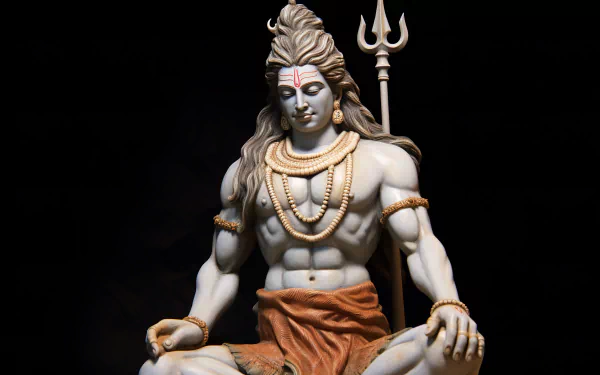 HD desktop wallpaper featuring a detailed statue of Lord Shiva in meditation, adorned with traditional beads and holding a trident, set against a black background.