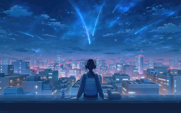 HD desktop wallpaper featuring an anime girl sitting atop a building, overlooking a vibrant, glowing cityscape at night with shooting stars above.