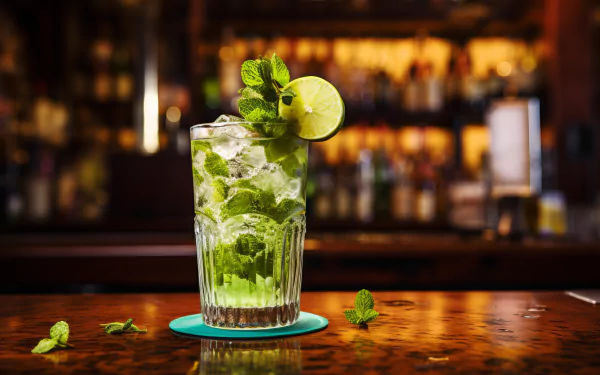 Fresh mojito cocktail with lime and mint leaves on bar counter HD desktop wallpaper background.