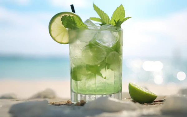 A refreshing mojito cocktail garnished with mint and lime rests on a sandy beach, with a vibrant ocean backdrop, making it an inviting HD desktop wallpaper.
