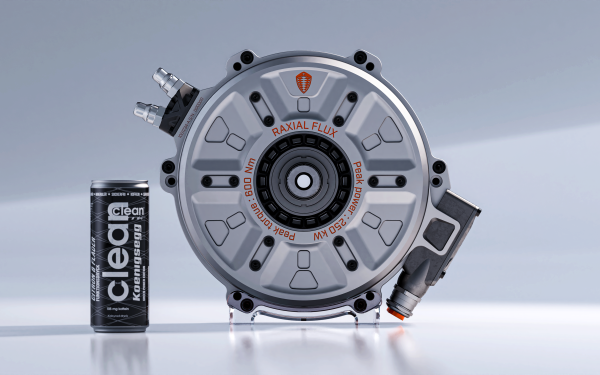 Alt Text: HD Koenigsegg electric motor wallpaper featuring Quaife Automatic Torque Biasing (ATB) Differential and battery cell on a sleek gray background for desktop.