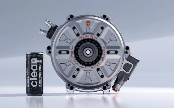 HD desktop wallpaper featuring a high-tech Koenigsegg vehicle component with a can of cleaning product adjacent, displayed on a reflective surface.