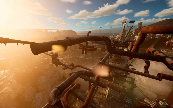 HD desktop wallpaper from the video game Only Up! showcasing a bird's-eye view of an urban landscape through a rusty industrial pipeline.