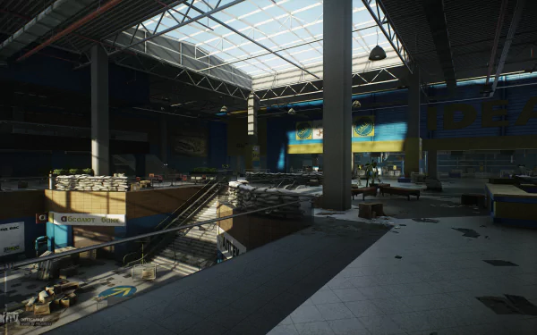HD desktop wallpaper of a deserted shopping center scene from the video game Escape from Tarkov, showcasing detailed graphics with a realistic ambiance.
