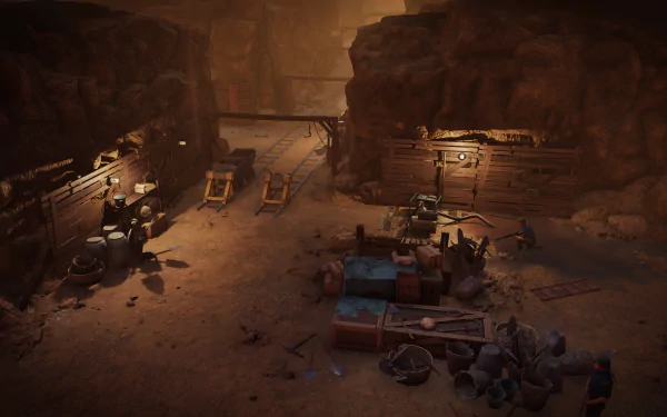 HD desktop wallpaper of a detailed scene from Jagged Alliance 3, featuring a dimly lit military encampment with equipment and fortifications.