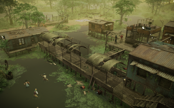HD desktop wallpaper of Jagged Alliance 3 featuring a detailed base camp with makeshift buildings and characters in a swampy area, perfect for strategy game enthusiasts.