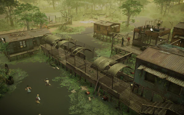 HD desktop wallpaper from the video game Jagged Alliance 3 featuring a detailed swamp village with wooden houses and characters engaged in various activities.