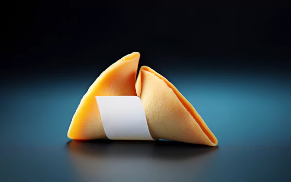 HD desktop wallpaper featuring a close-up of a fortune cookie with a blank paper slip, set against a dark blue background.