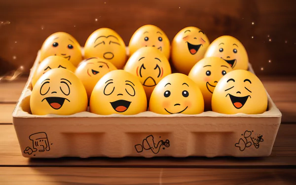 Colorful emoji faces in egg carton on wooden background, AI art HD wallpaper and background with emoticon theme.
