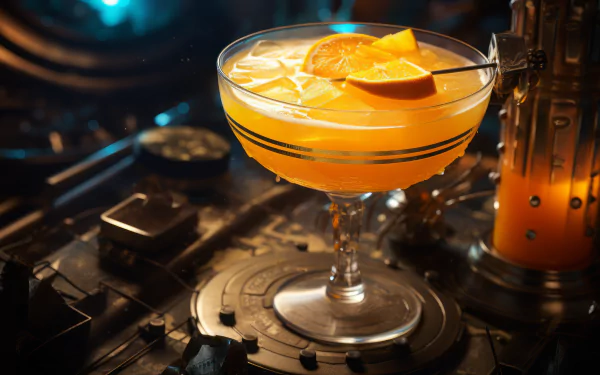 A vibrant AI-generated daiquiri cocktail, featuring citrus slices, sits elegantly in a stylish glass against a high-tech background, creating a striking HD desktop wallpaper.