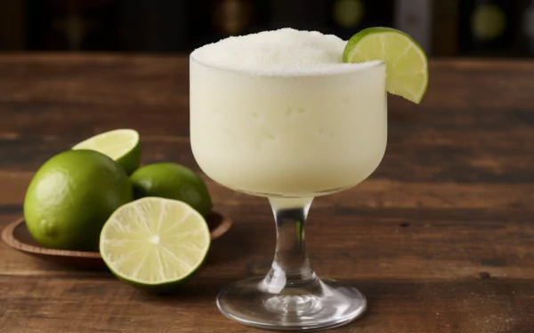 Frothy daiquiri cocktail garnished with a lime wheel, with fresh limes on the side, presented as HD desktop wallpaper and AI art background.