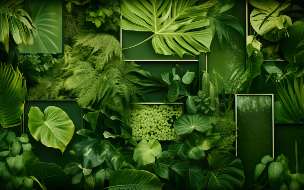 HD desktop wallpaper featuring a lush collage of various green tropical leaves, embodying a serene and vibrant nature aesthetic.