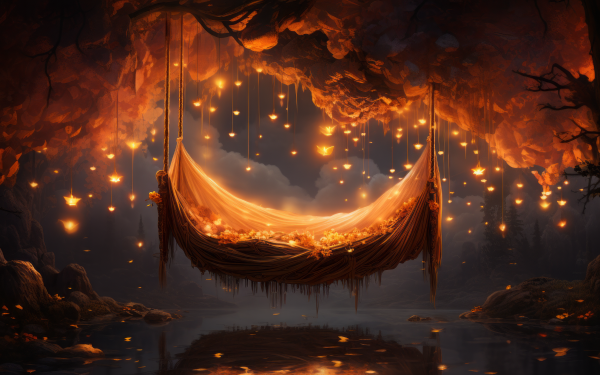 HD desktop wallpaper featuring an artistic depiction of a hammock suspended in a mystical forest with glowing lights, embodying an aura of fantasy and tranquility.