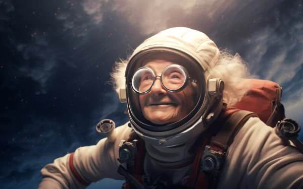 An elderly woman in a space suit smiles brightly, floating in a cosmic setting. This HD wallpaper captures a unique blend of adventure and wisdom.