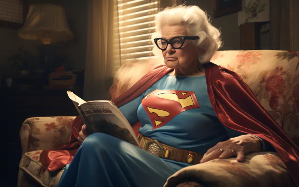 A grandmother in a superhero outfit sits on a floral couch, reading a book, embodying strength and wisdom. This HD desktop wallpaper captures a unique and heartfelt moment.