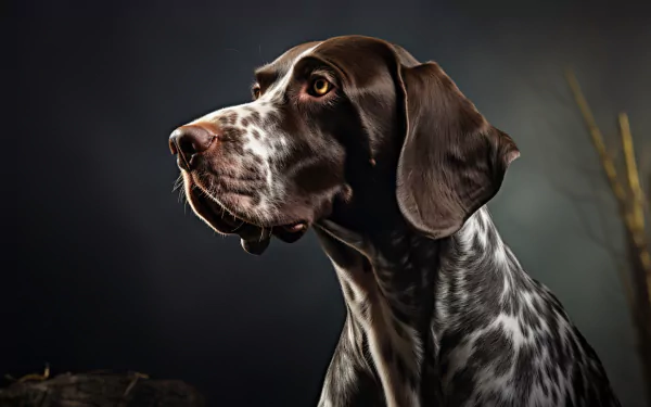 HD desktop wallpaper featuring a close-up of a German Shorthaired Pointer against a dark, moody background, accentuating the dog's distinct brown and white coat.