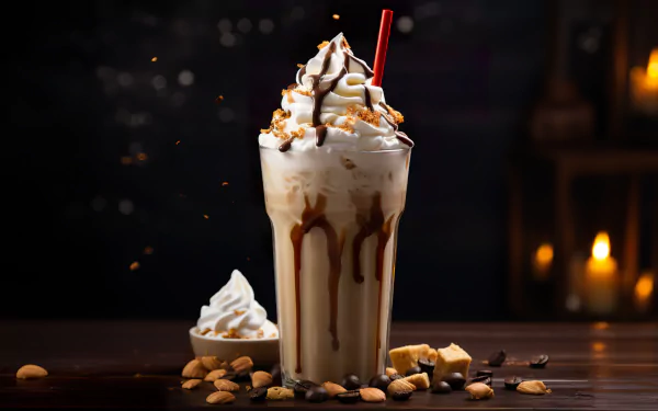 A delicious coffee vanilla milkshake topped with whipped cream and a red straw, served with additional toppings, set against a dark, cozy backdrop. Perfect HD desktop wallpaper for food lovers.