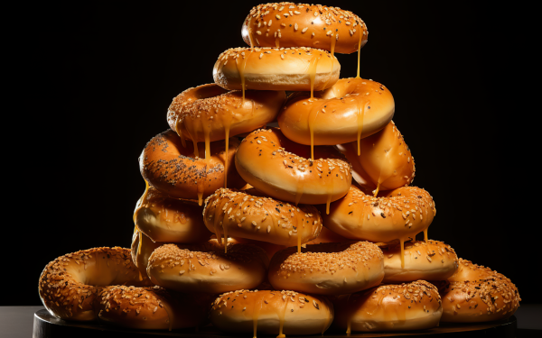 A stack of freshly baked sesame seed bagels with honey drizzle, perfect as a savory HD desktop wallpaper or background.