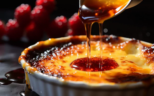 HD wallpaper of caramel being poured on Crème Brûlée with a blurred berry background.