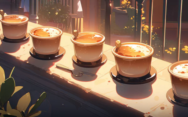 A beautiful HD desktop wallpaper featuring five crème brûlée desserts on a ledge, illuminated by warm sunlight, surrounded by greenery, evoking a cozy and inviting atmosphere.