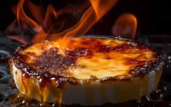 A delicious crème brûlée with a caramelized top and flames flickering, presented as a stunning HD desktop wallpaper, showcasing rich textures and vibrant colors.