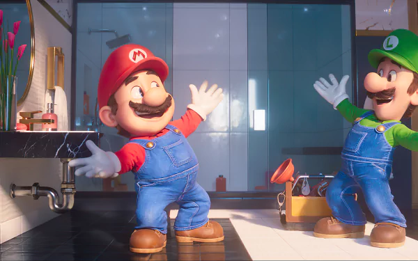 HD wallpaper of Mario and Luigi from the 2023 Super Mario Bros. movie, portrayed in a bright, animated kitchen scene.
