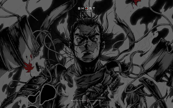 HD Ghost of Tsushima desktop wallpaper featuring artistic black and white illustration with splashes of red.