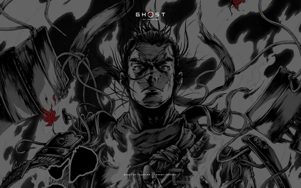 HD desktop wallpaper featuring an illustrated scene from the video game Ghost of Tsushima, depicting a warrior surrounded by dynamic, swirling ink and splashes of red.