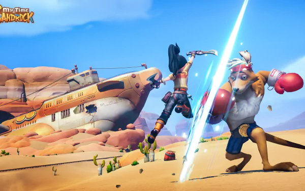 HD desktop wallpaper from My Time at Sandrock featuring a character wielding a glowing sword in a desert setting with a crashed plane in the background.