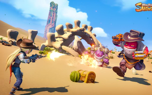 HD desktop wallpaper from My Time at Sandrock video game, featuring a character battling a robotic enemy in a vibrant desert setting.