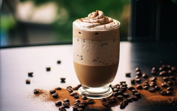 A delicious milkshake topped with whipped cream, surrounded by coffee beans and cocoa powder, creating a rich, inviting atmosphere for this HD desktop wallpaper.