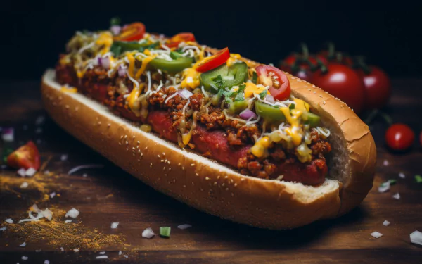 A close-up of a delicious chili dog topped with cheese, jalapeños, and tomatoes, set against a dark backdrop, making it an appealing HD wallpaper for food lovers.
