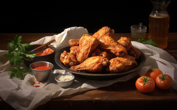 A delicious arrangement of crispy chicken wings sits on a dark wooden table, surrounded by dipping sauces, fresh herbs, and tomatoes, creating an enticing food scene for a vibrant HD wallpaper.