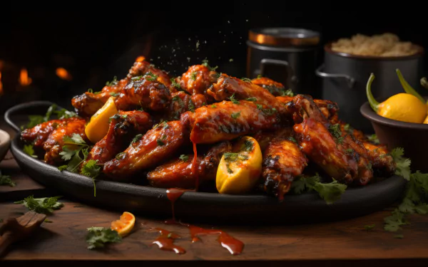 A mouthwatering display of chicken wings drizzled with sauce and garnished with fresh herbs and lemon, served on a wooden platter. A tempting food wallpaper for any kitchen.