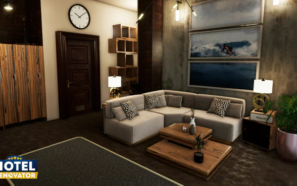 HD desktop wallpaper from Hotel Renovator featuring a stylish hotel lounge with modern furnishings and ambient lighting.