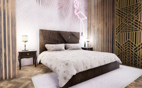 HD desktop wallpaper from the video game Hotel Renovator showcasing a stylishly renovated hotel room with a neon flamingo sign and elegant decor.