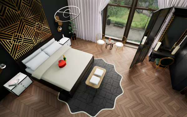 HD desktop wallpaper from the video game Hotel Renovator, featuring a stylishly renovated hotel room with elegant interior design, large windows, and modern furniture.