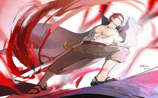 A dynamic HD wallpaper featuring Shanks from One Piece, showcasing his muscular form against a backdrop of vibrant red swirls, capturing the essence of anime action and adventure.