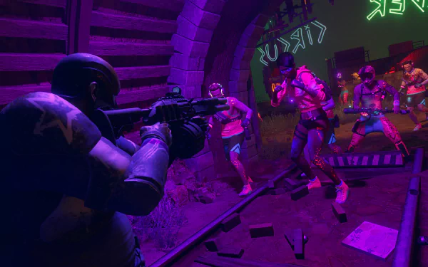 HD desktop wallpaper from the video game Saints Row (2022), depicting an intense shootout scene in a neon-lit urban tunnel.