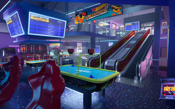 HD desktop wallpaper from Hot Wheels Unleashed 2: Turbocharged depicting a vibrant arcade scene with pool table, air hockey, and escalator.
