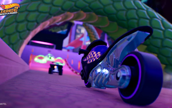 HD wallpaper featuring a dynamic race scene from Hot Wheels Unleashed 2: Turbocharged, showing a toy car speeding on a vibrant looped track.