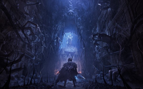 HD desktop wallpaper featuring a scene from Lords Of The Fallen game with a warrior approaching an ominous throne room surrounded by statues.