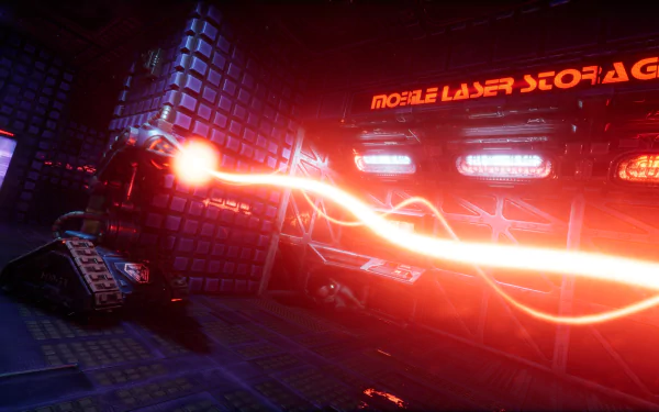 HD desktop wallpaper from the video game System Shock (2023) featuring a dynamic scene with red laser beams in a futuristic environment.