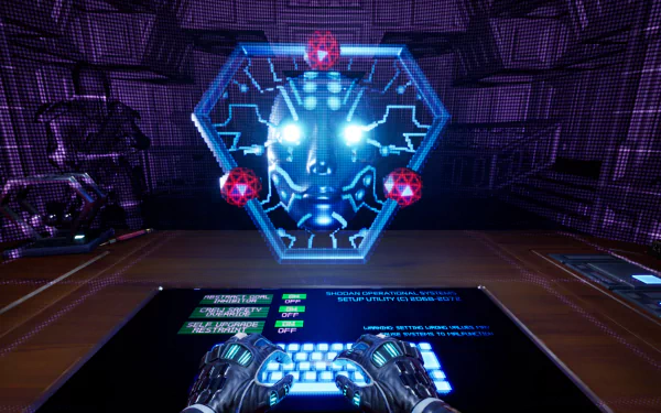 HD desktop wallpaper from the video game System Shock (2023) featuring a futuristic control interface and a menacing AI entity.