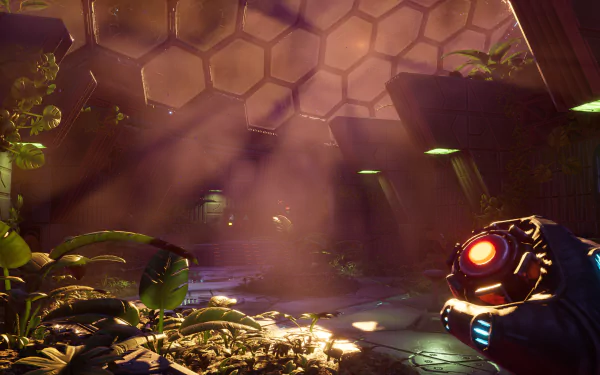 HD desktop wallpaper from the 2023 video game System Shock, featuring a futuristic glove against a vividly lit sci-fi environment.