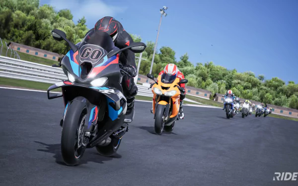 HD desktop wallpaper and background from the video game Ride 5, featuring motorcycles racing on a track.