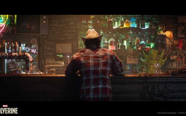 HD wallpaper featuring a scene with Marvel's Wolverine character, viewed from behind, standing at a bar in a contemplative pose, ideal for desktop backgrounds.